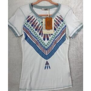 Delila Short Sleeve Studded Feather Graphic Tee Size XS Western Boho NWT